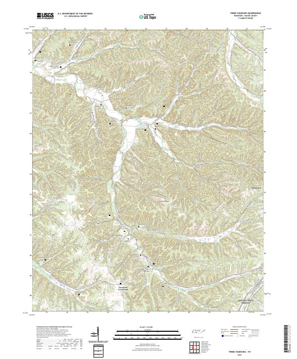 Three Churches, TN — USGS 7.5-minute topo (2022)